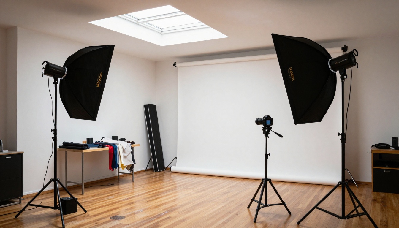Modern photography studio with softbox lights and white backdrop Modern photography studio with softbox lights and white backdrop