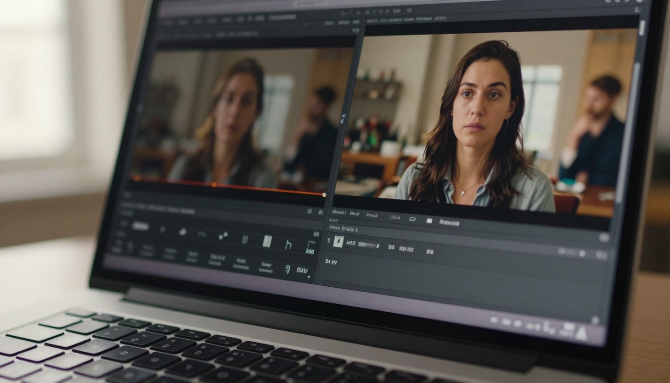 Close-up of a laptop screen showing two AI video comparison preview panels