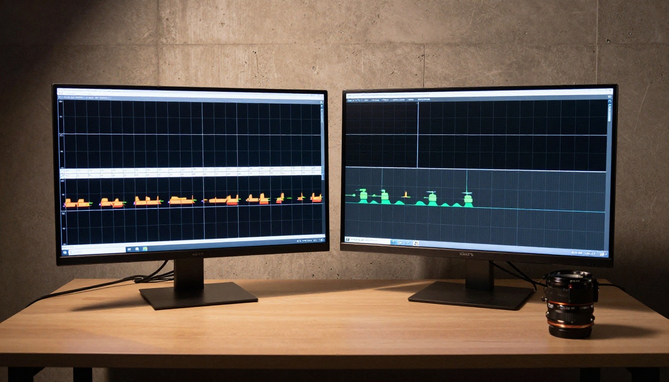 Two professional reference monitors side by side in a production studio showing video timelines