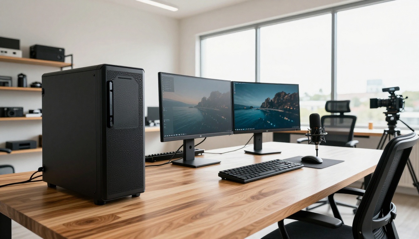 Wide shot of a content creator workspace with dual curved monitors, professional microphone, and equipment shelving