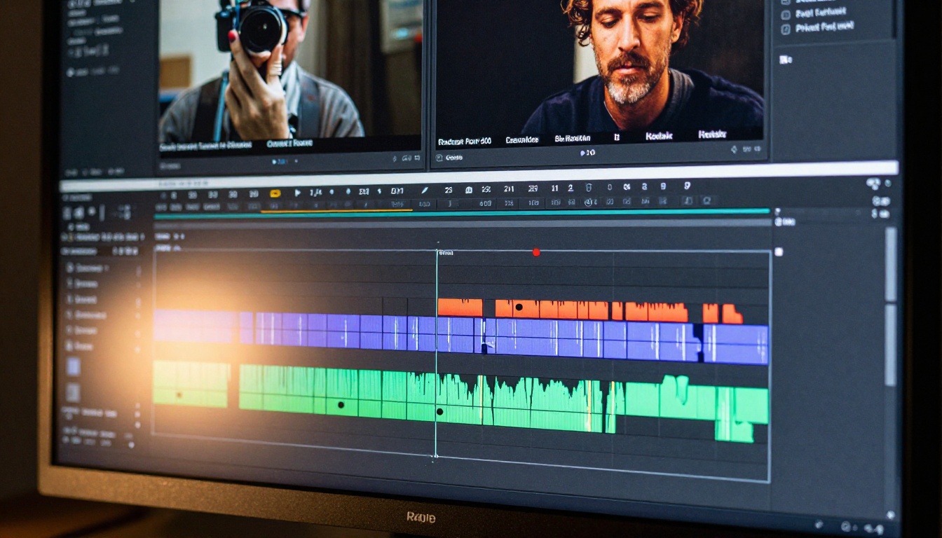 Extreme close-up of a video editing timeline on a professional monitor with colorful layered tracks