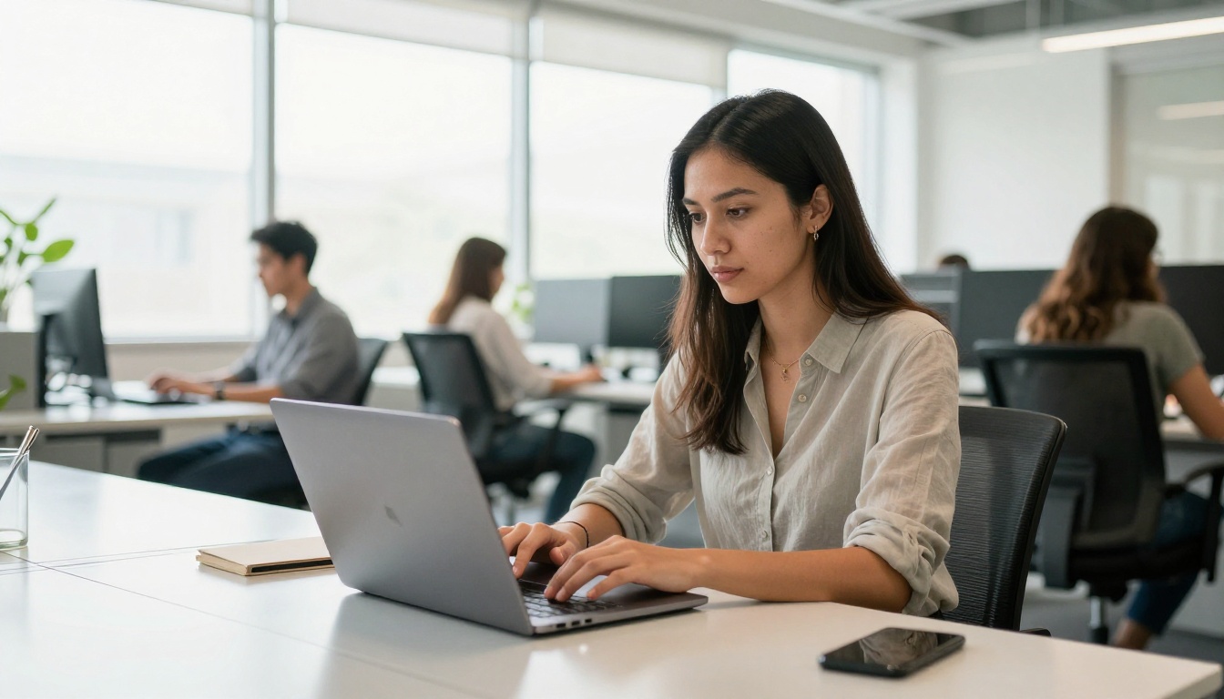 A creative professional using a high-end laptop in a bright modern open-plan office with colleagues in the background