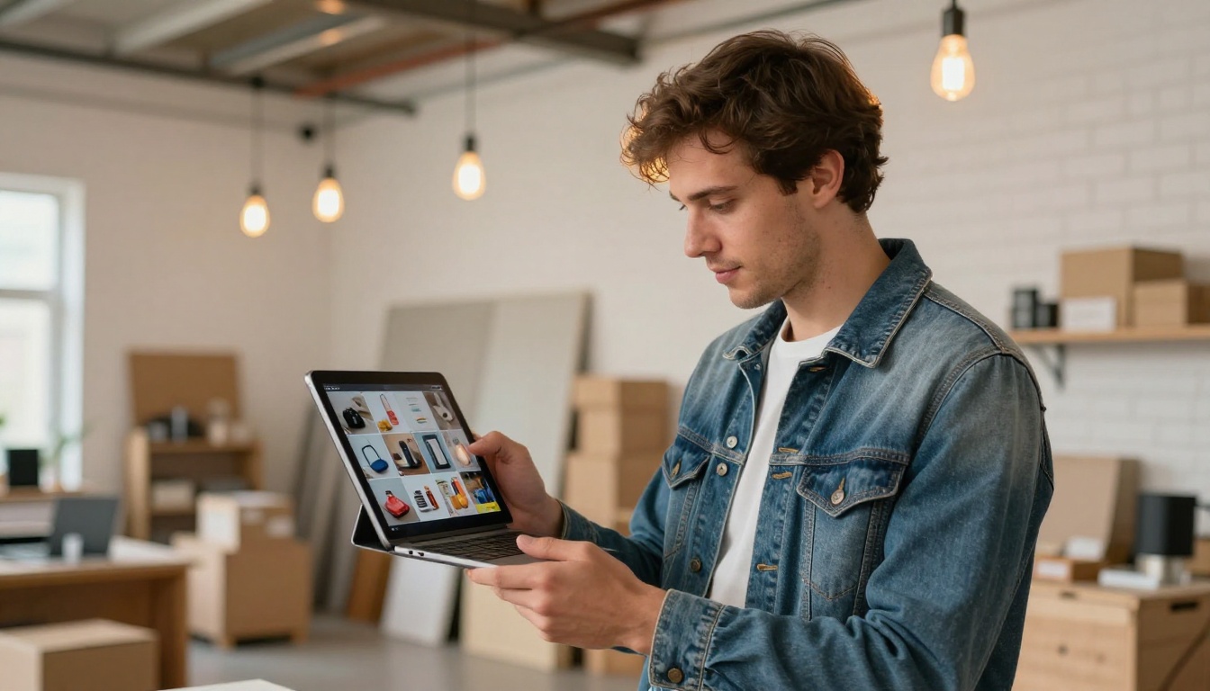 Ecommerce store owner reviewing product videos on tablet