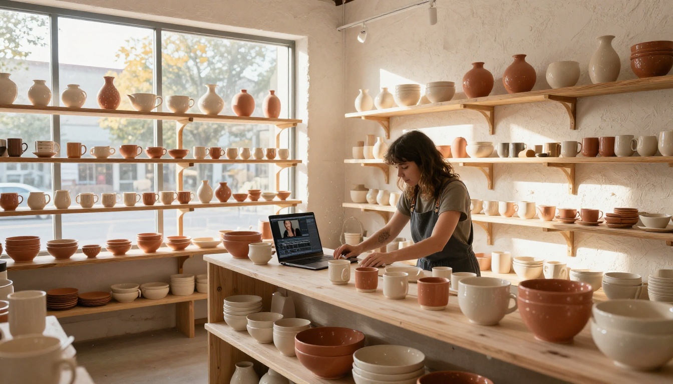 Artisan ceramics shop owner using AI video tools for ecommerce