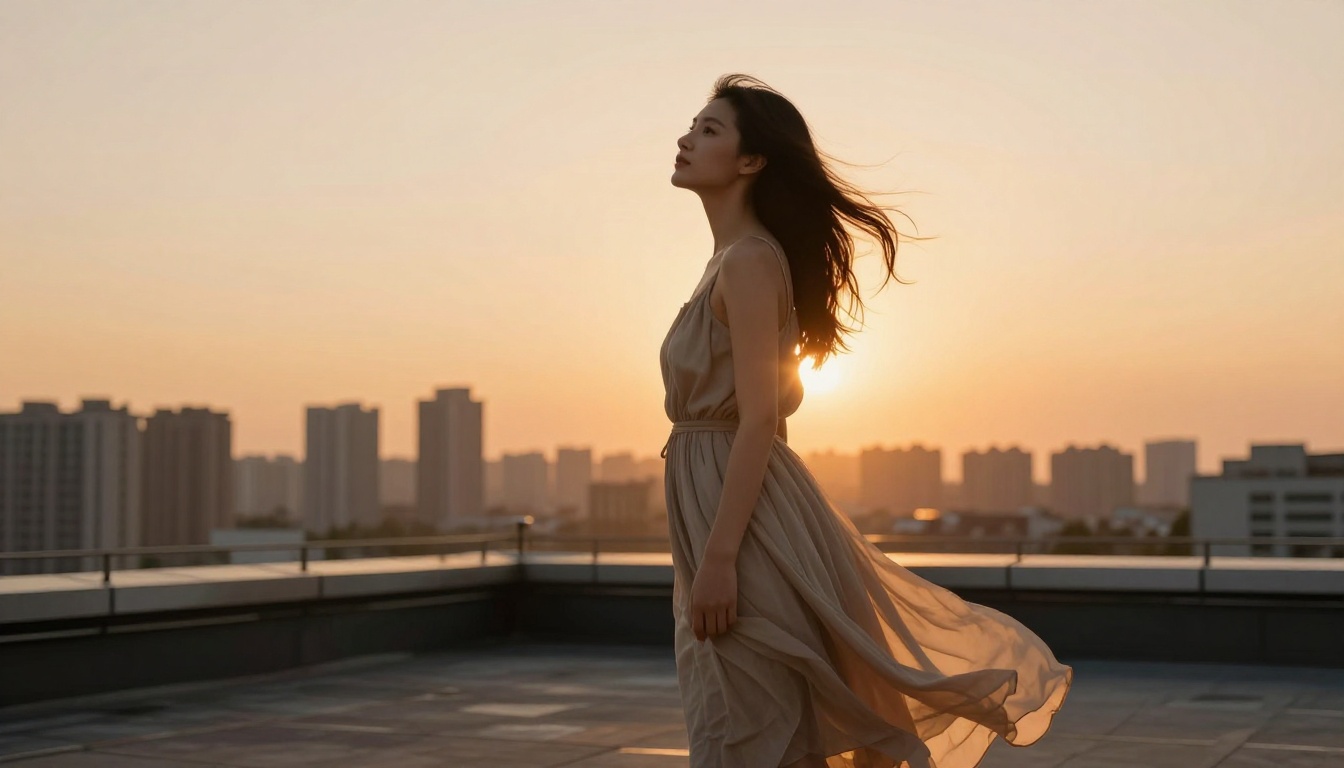 Woman in a flowing dress on a rooftop terrace at golden hour Woman in a flowing dress on a rooftop terrace at golden hour