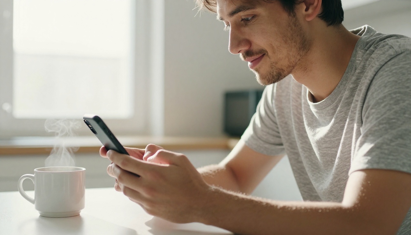 Man at a bright kitchen table smiling at a smartphone in morning light Man at a bright kitchen table smiling at a smartphone in morning light