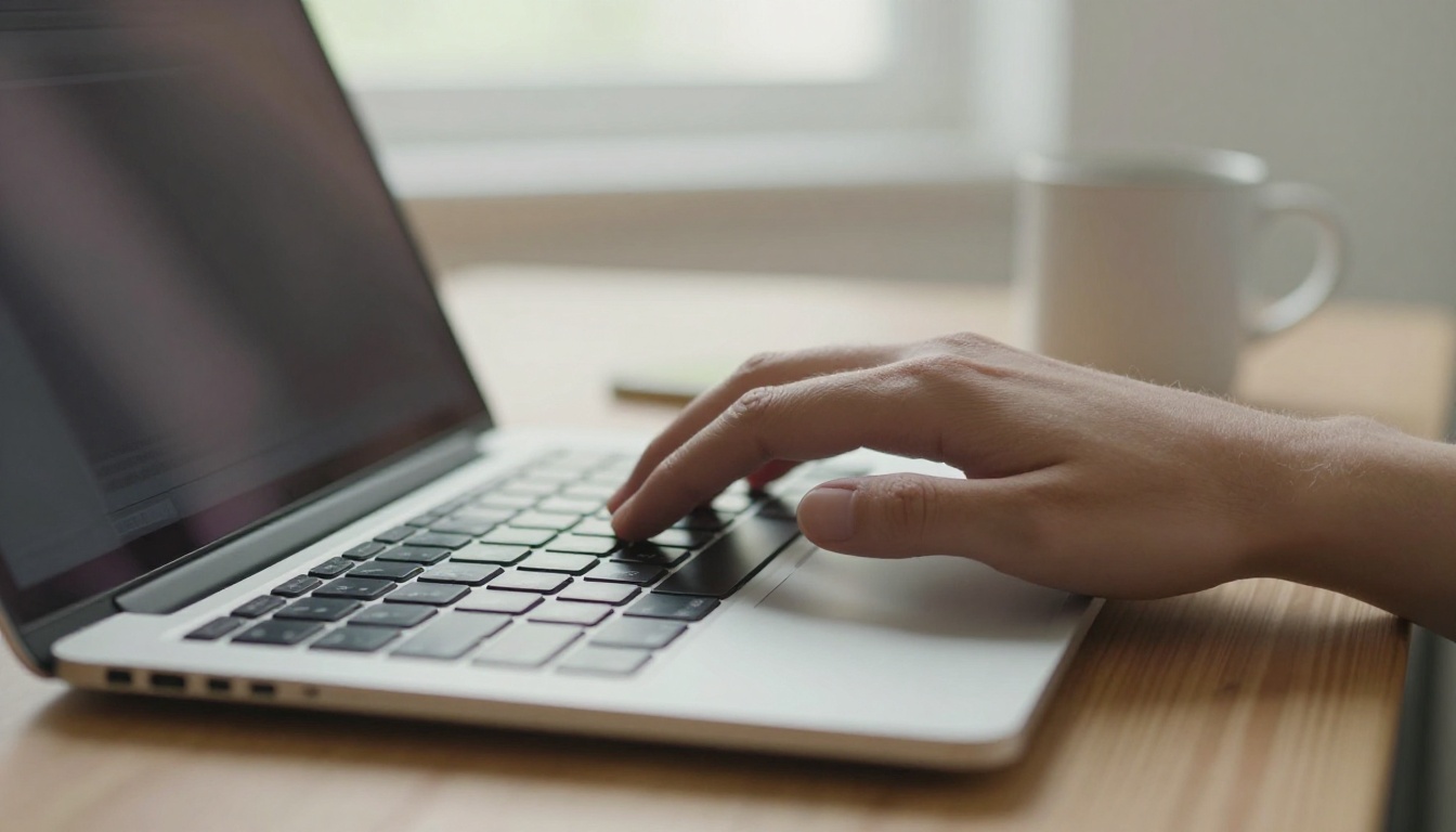 Close-up of hands hovering over a laptop keyboard on a light oak desk, soft daylight illuminating fine skin texture