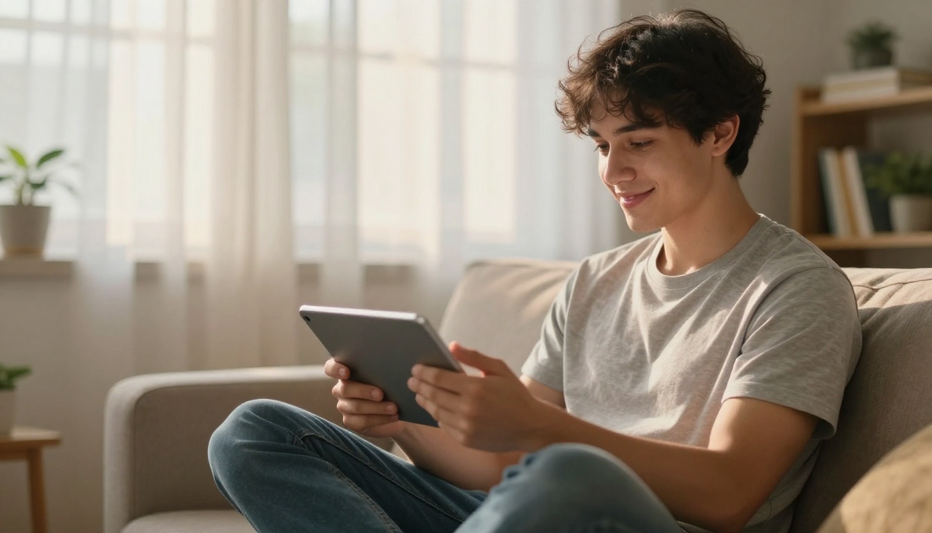 Young man in a casual grey t-shirt on a couch with a tablet, warm sunlight filtering through sheer curtains behind him