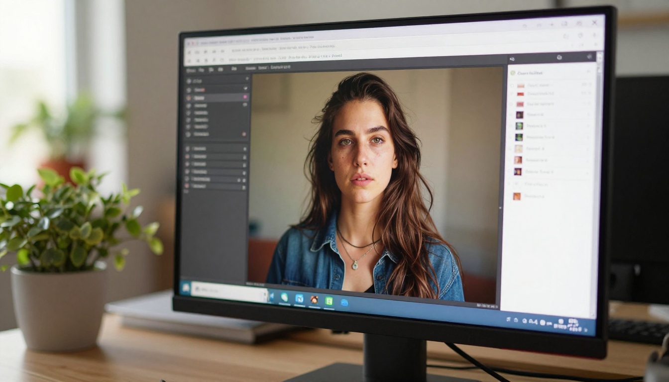 Desktop monitor displaying a vivid photorealistic portrait in an art creation platform, with a blurred office environment behind