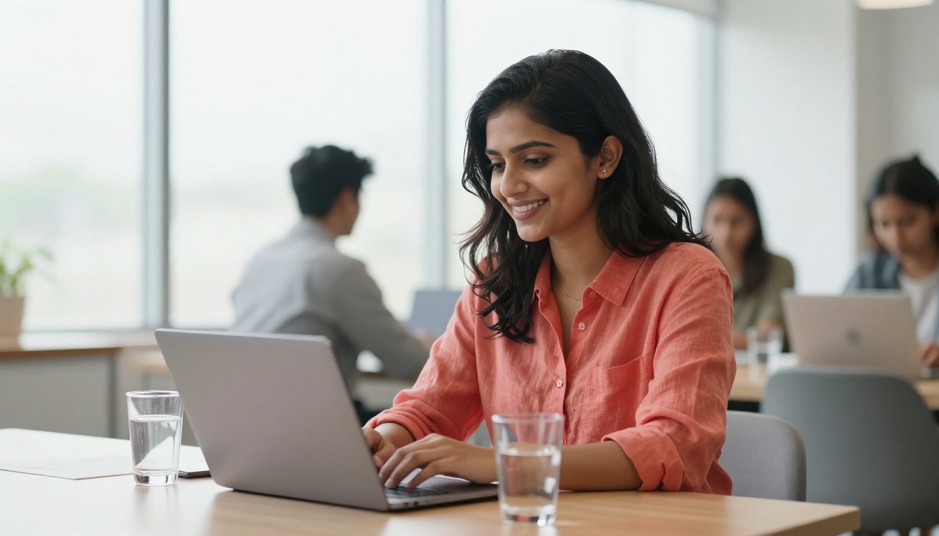 Smiling South Asian woman in a coral linen shirt seated at a bright coworking space, large floor-to-ceiling windows behind her