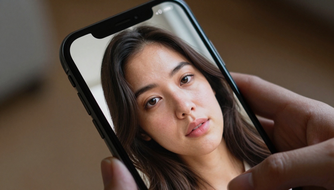 Close-up of a hand holding a smartphone screen displaying a photorealistic AI-generated portrait of a woman