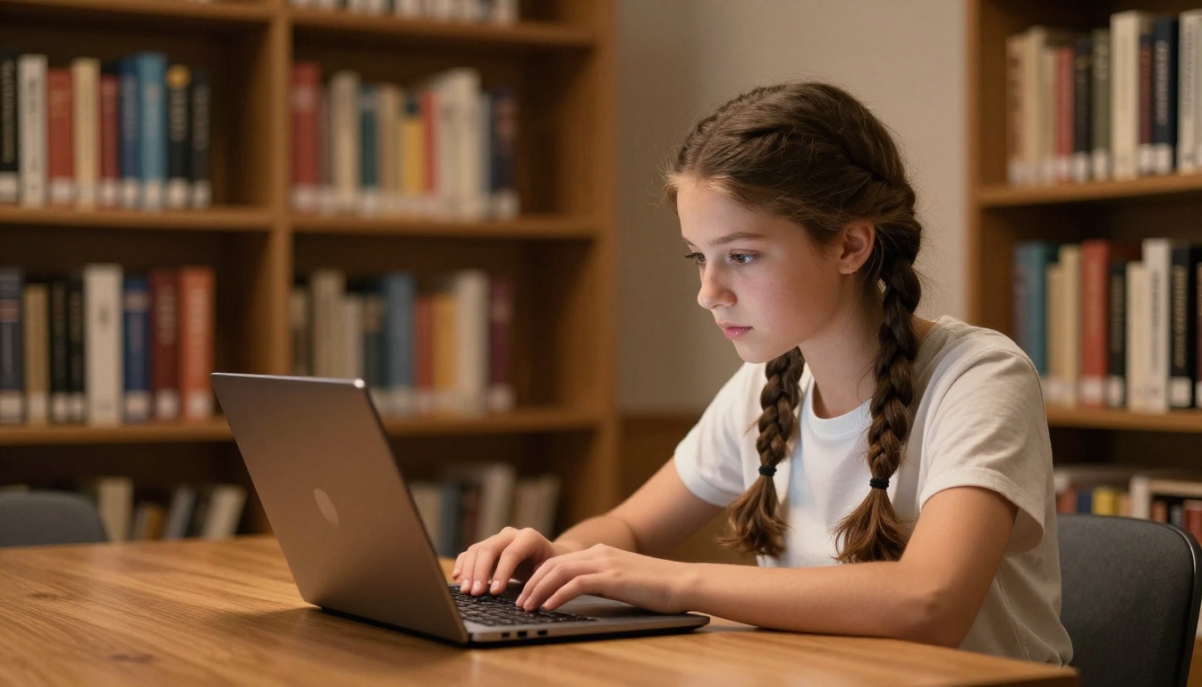 Teenage girl with braided hair sitting at a library table, focused on her open laptop, warm tungsten lamp light from the right