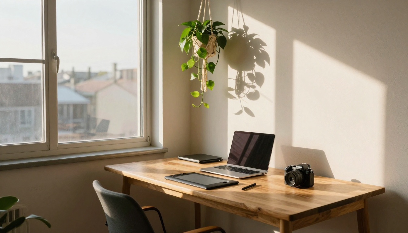 Wide shot of a bright studio apartment interior, wooden desk near large windows, afternoon golden sunlight streaming in, laptop and drawing tablet on the desk