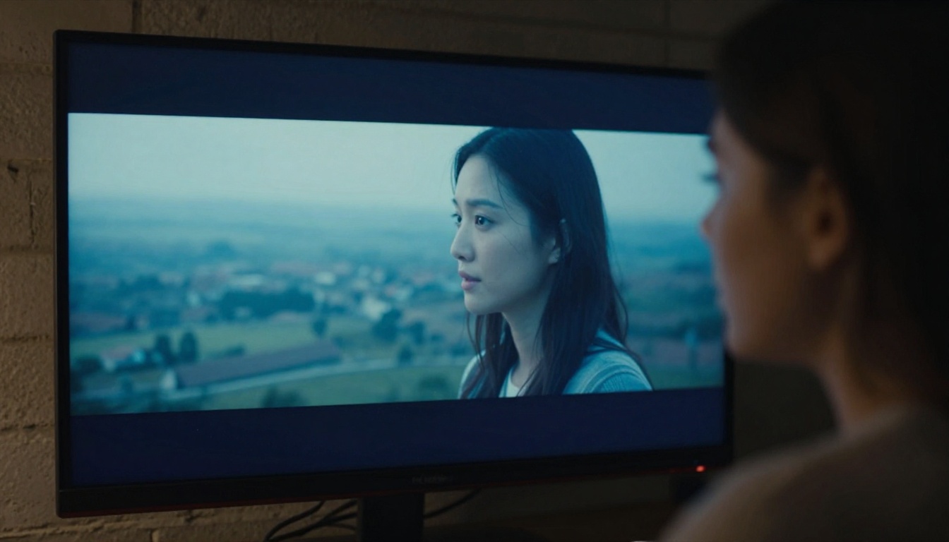 Woman watching AI video output on monitor in dark room Woman watching AI video output on monitor in dark room