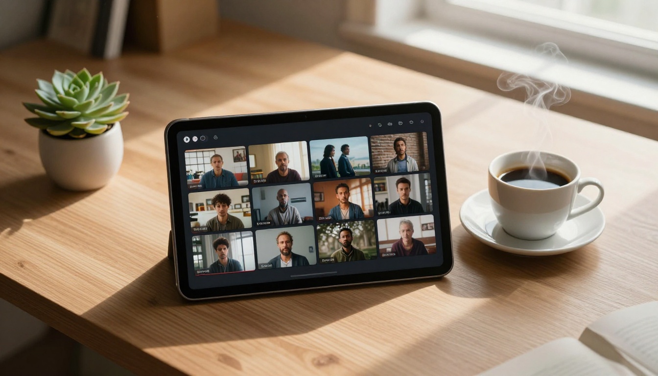 Tablet on desk showing AI video thumbnail grid with coffee Tablet on desk showing AI video thumbnail grid with coffee