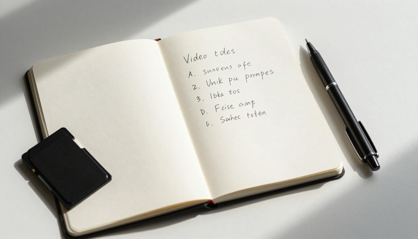 Handwritten video prompt ideas in notebook on clean desk Handwritten video prompt ideas in notebook on clean desk