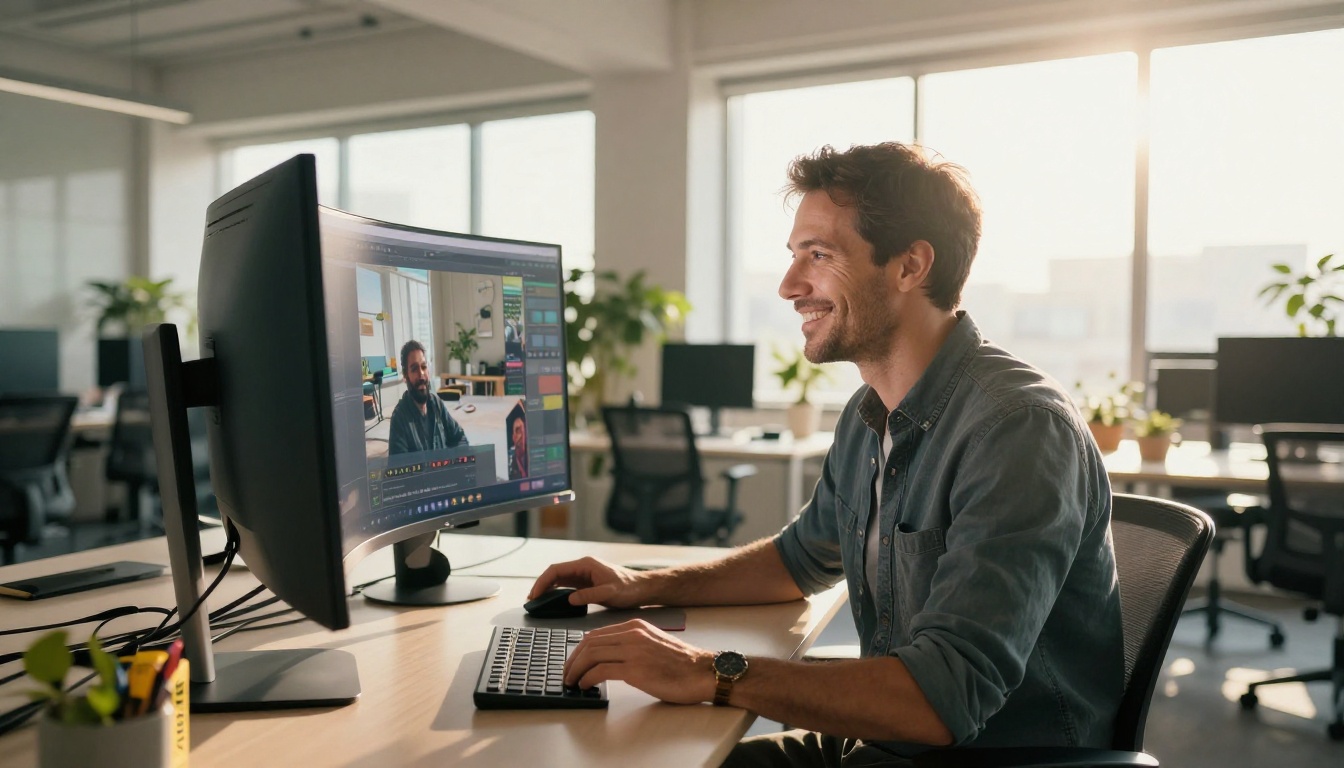 Man reviewing AI video output on ultrawide monitor in bright office Man reviewing AI video output on ultrawide monitor in bright office
