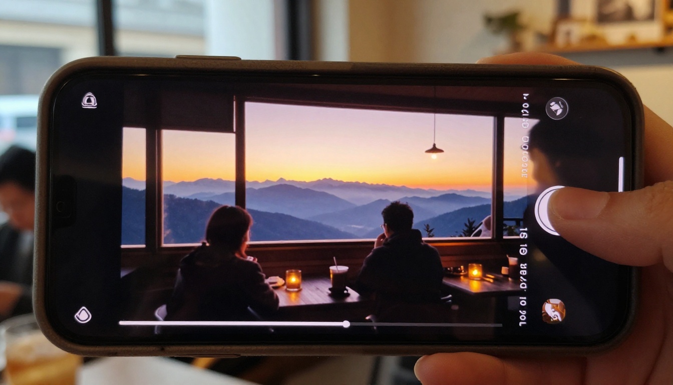 Smartphone playing cinematic mountain sunrise video in a cafe