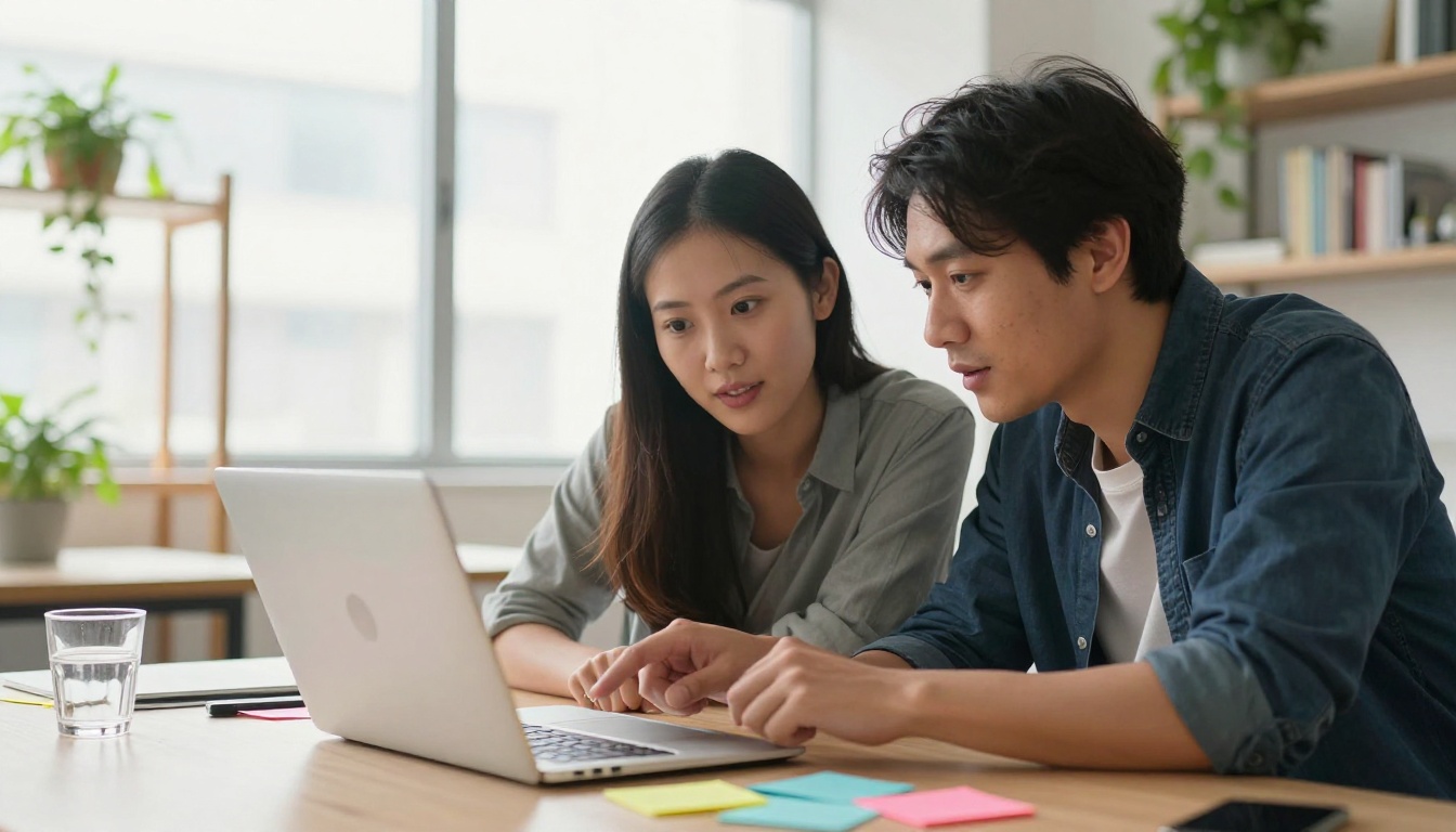 Two colleagues looking at shared laptop screen in bright co-working space