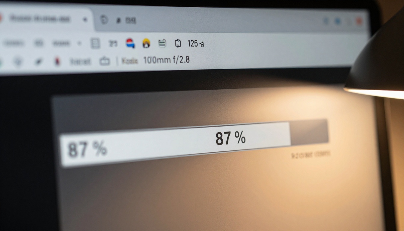 Video upload progress bar on computer screen with ambient lamp light