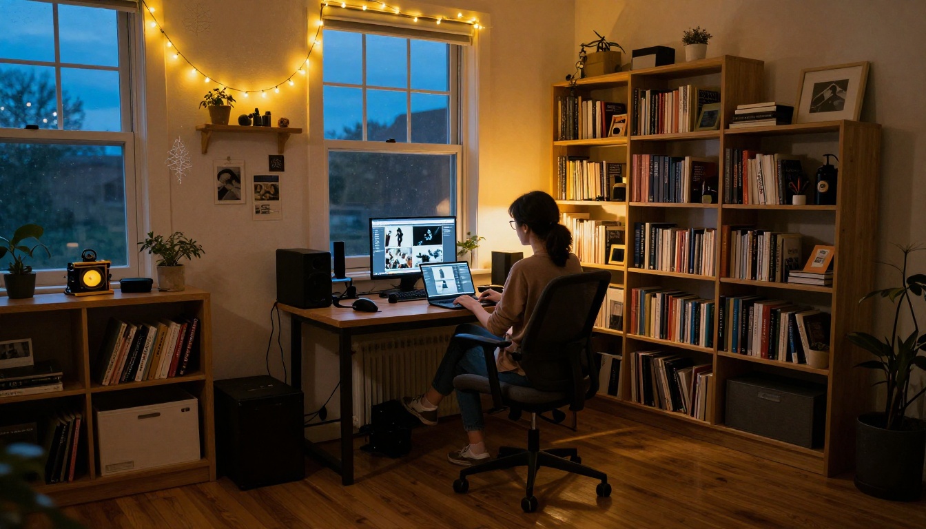 Woman working on laptop in cozy home studio at dusk with string lights