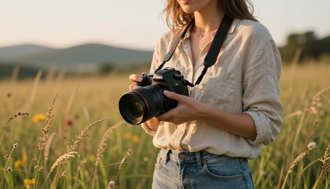 A woman photographer standing in a sunlit meadow at golden hour, holding a Canon DSLR camera, tall grass and wildflowers surrounding her, warm amber bokeh background, RAW 8K photography