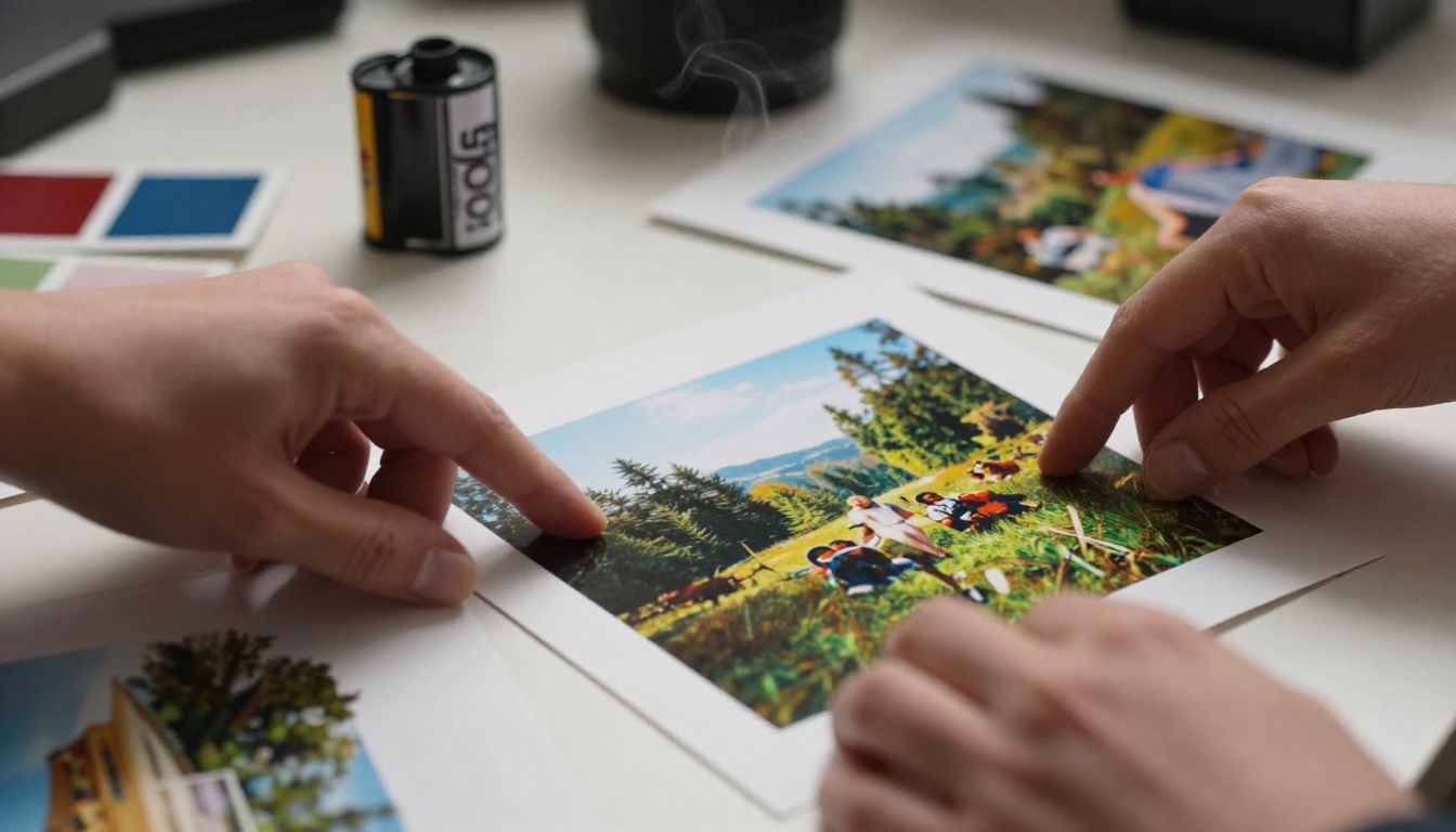Close-up macro shot of a photographer's hands placing printed photographs on a light table, film canister and color swatches nearby, overhead diffused studio light, RAW 8K photography