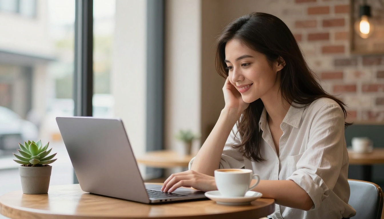 A young woman at a modern laptop in a bright minimalist coffee shop, natural daylight from windows to her left, smiling at photorealistic images on screen, latte cup and succulent nearby, RAW 8K photography