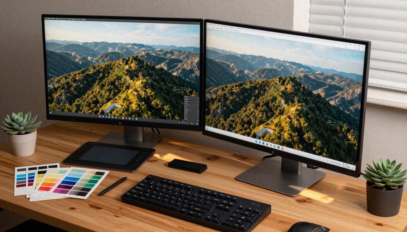 Aerial bird's-eye overhead view of a graphic designer's desk showing split-screen comparison of two images on a large monitor, Wacom tablet, keyboard, color swatches, RAW 8K photography