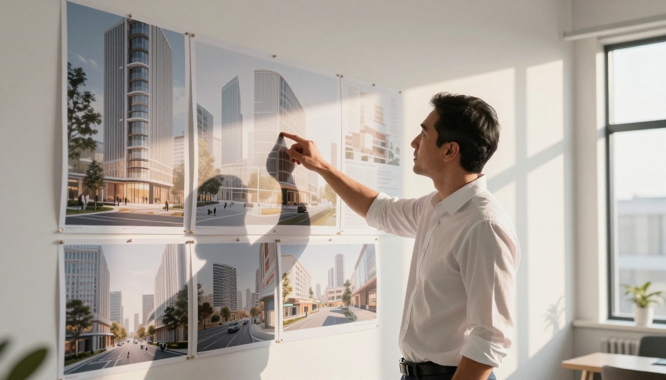 A male architect standing in a sunlit modern office reviewing large-format AI-generated architectural visualizations on a white wall, pointing at details, warm afternoon light, low angle RAW 8K photography