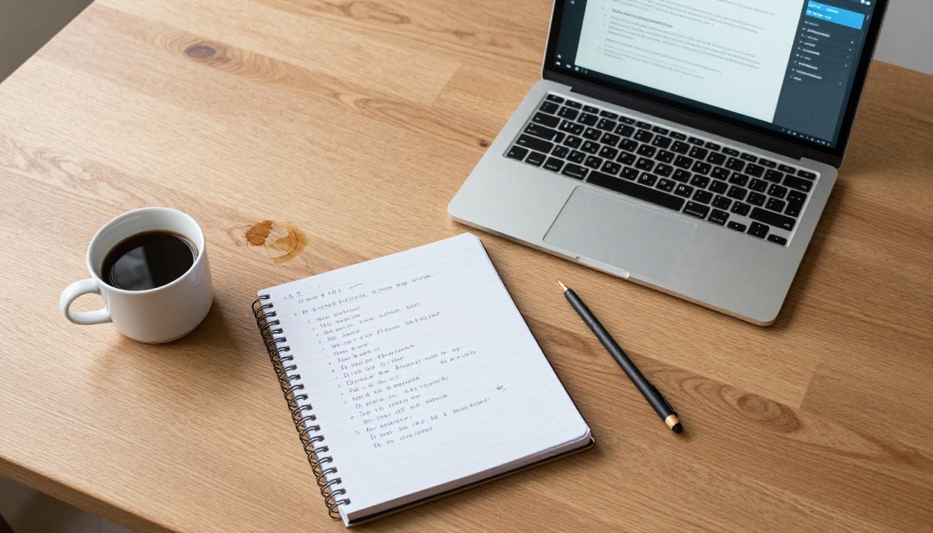 Workspace flat lay with AI video generation dashboard on laptop