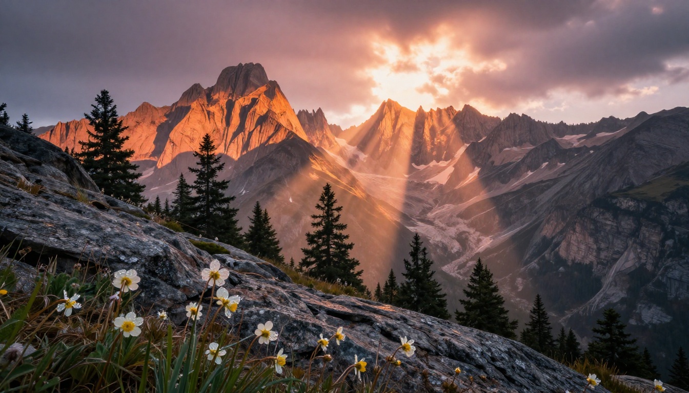 A mountain landscape at golden hour from a rocky foreground, jagged granite peaks with alpenglow, wildflowers with visible dew, atmospheric haze in the valley, wide angle RAW 8K nature photography