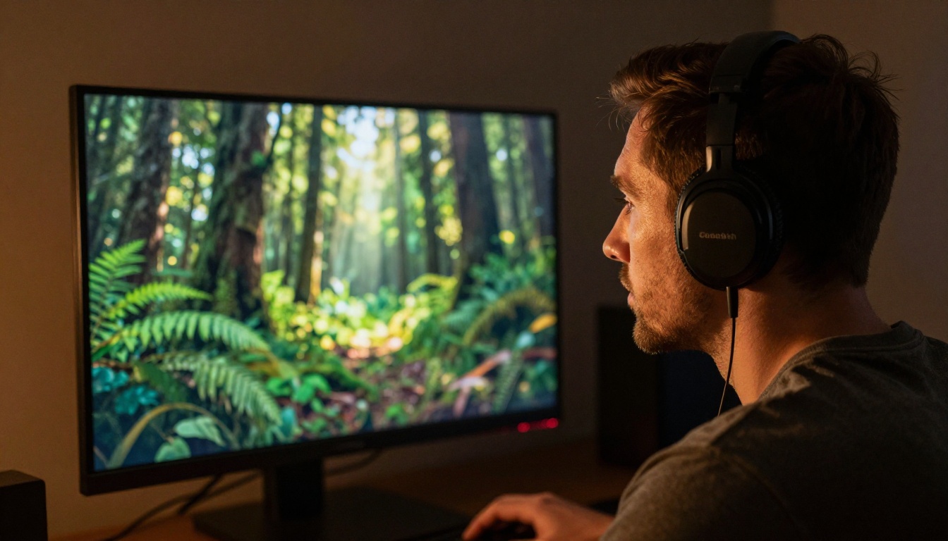 Man watching AI-generated video on monitor with headphones