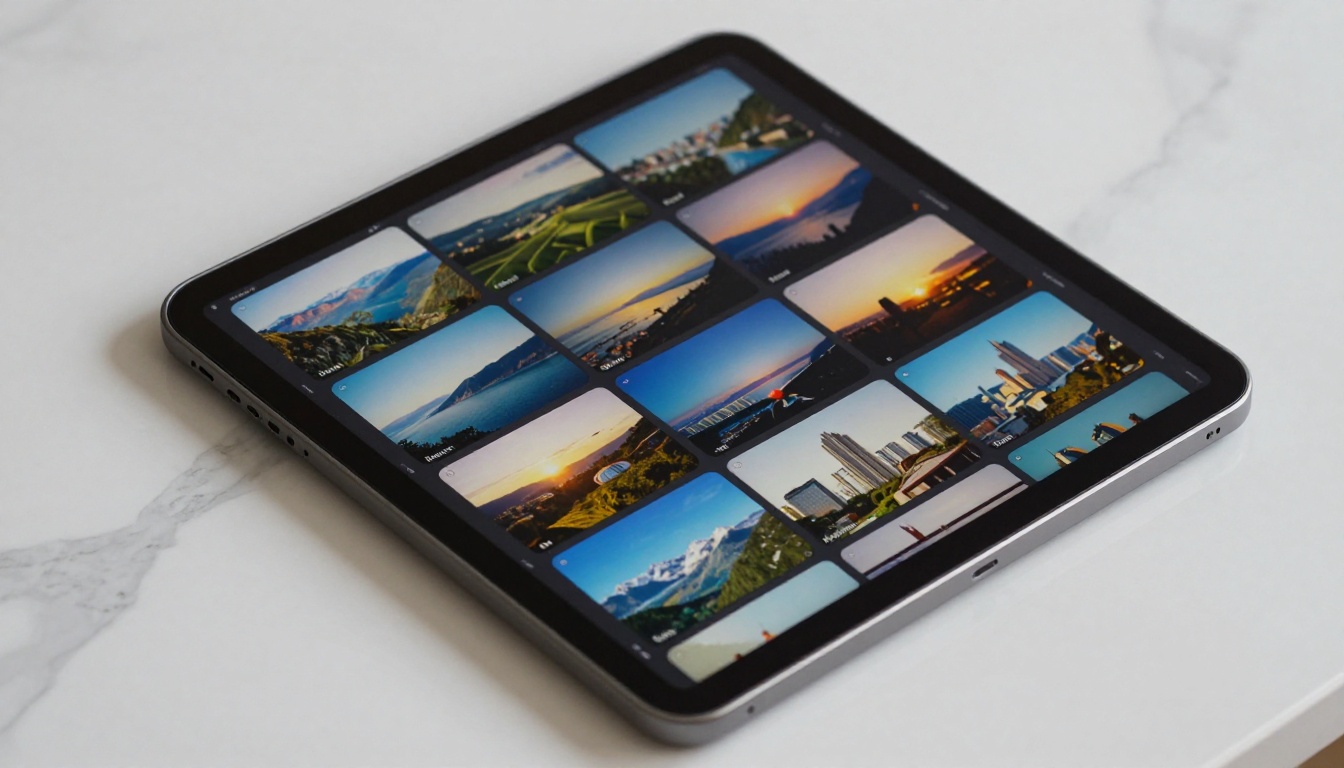 Tablet displaying AI-generated video thumbnails on white marble Tablet displaying AI-generated video thumbnails on white marble