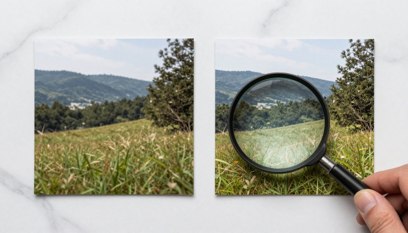 Two printed photographs on white marble surface showing before and after AI upscaling comparison, magnifying glass on right photo highlighting improved detail, overhead studio light, RAW 8K photography