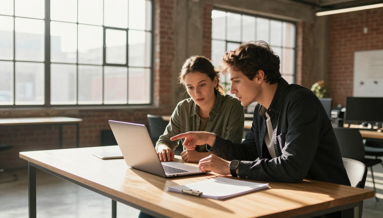 Two colleagues reviewing AI video output together on a laptop Two colleagues reviewing AI video output together on a laptop