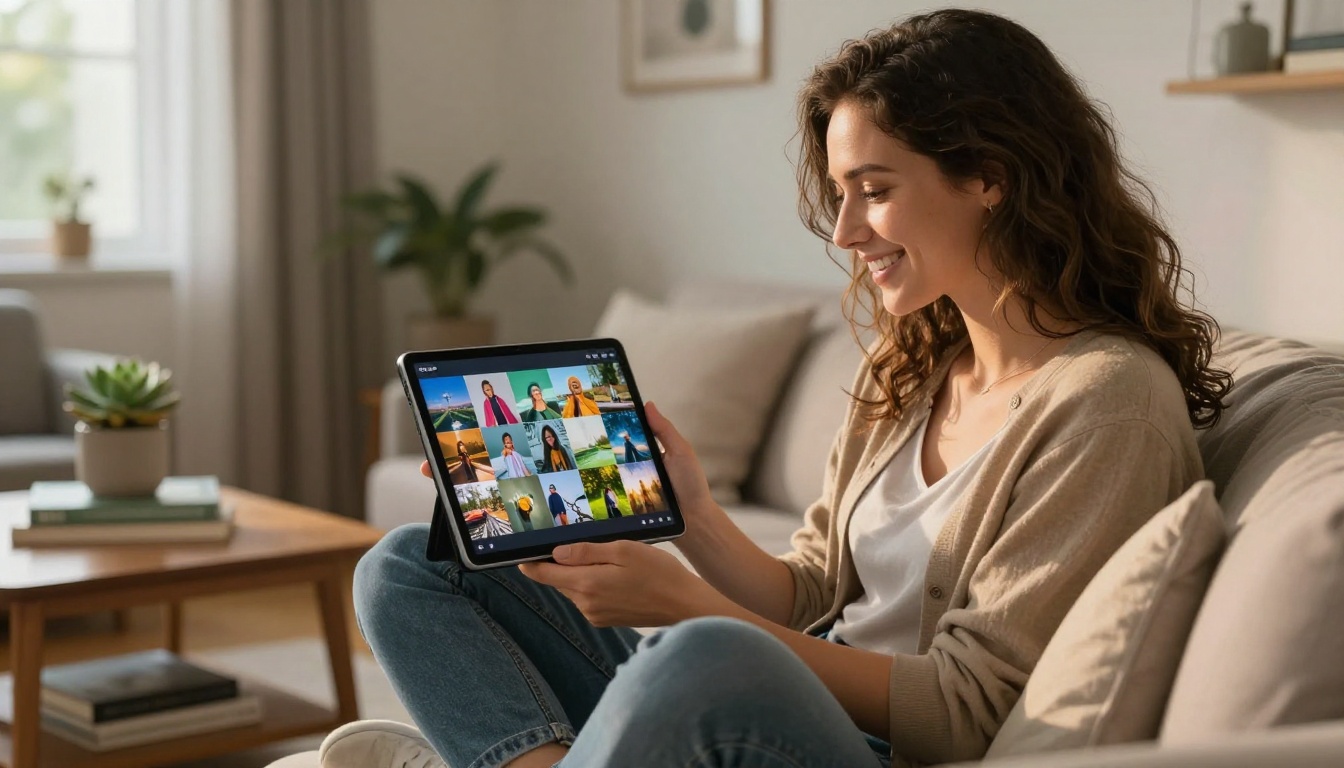 A creative professional woman sitting cross-legged on a couch in a bright living room, holding an iPad showing a grid of AI-generated images, smiling with genuine delight, warm afternoon window light, RAW 8K photography