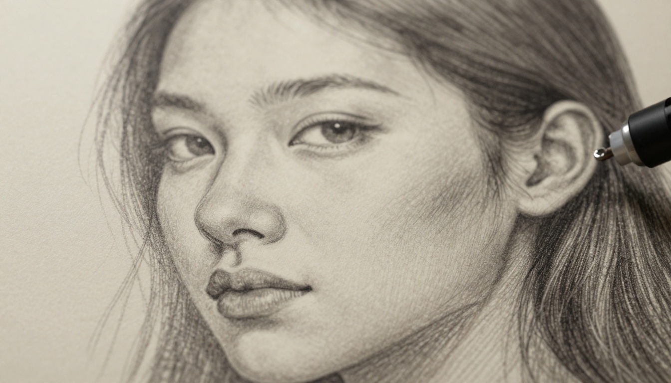 AI art desk with pencil sketches and digital tablet
