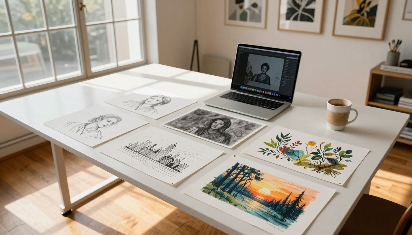 Wide studio with AI-generated hand-drawn style prints on desk