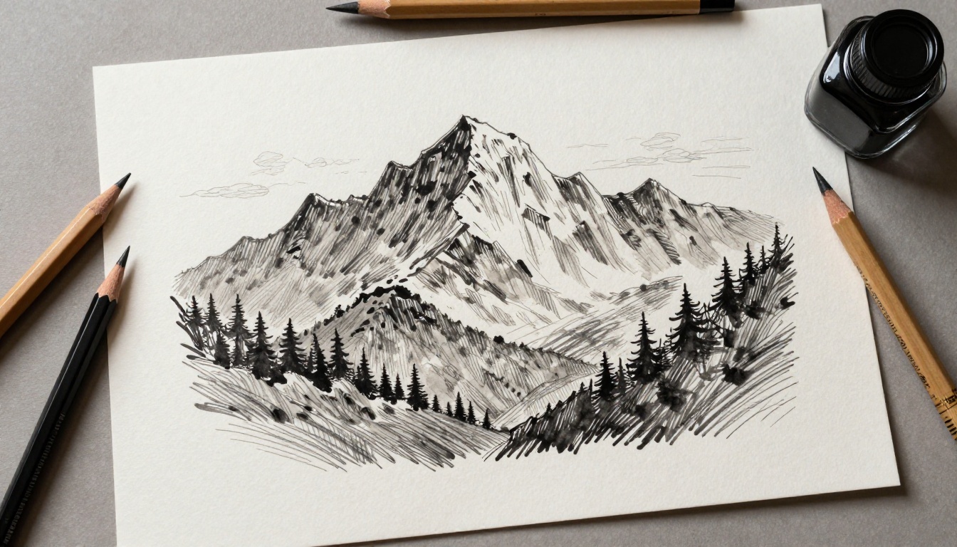 Overhead flat-lay of ink wash AI artwork print with pencils
