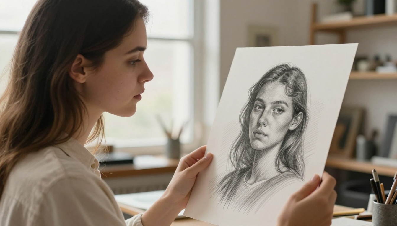 Woman examining AI-generated hand-drawn artwork up close
