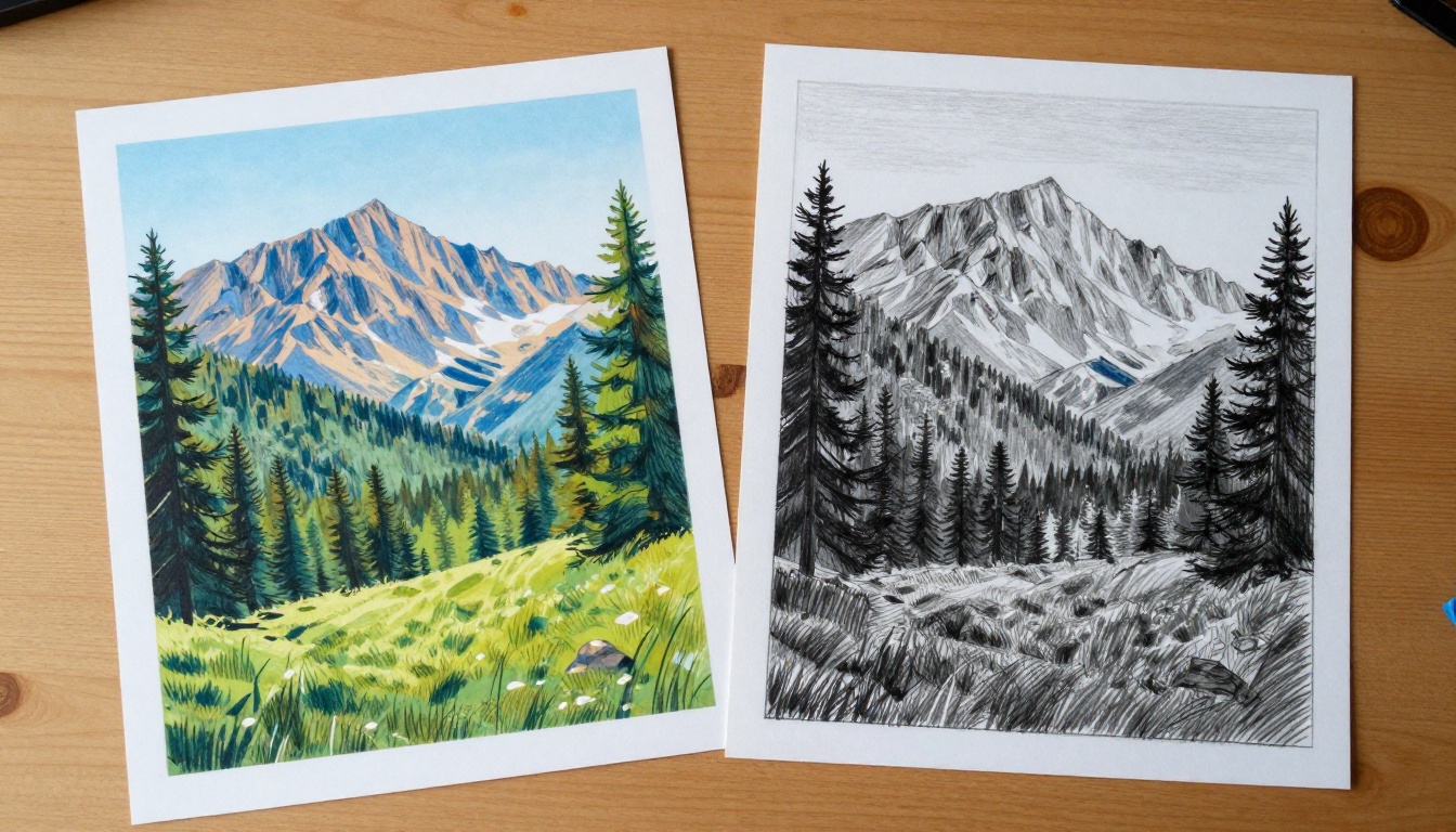 Two AI artworks side by side comparing digital vs hand-drawn style