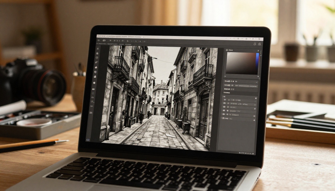 Laptop screen showing charcoal-style AI art generation