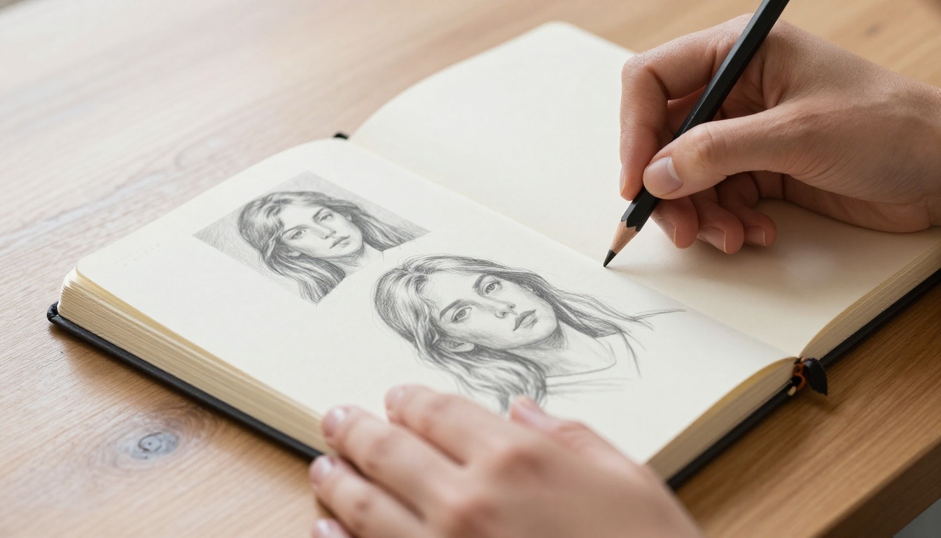 Woman's hands sketching in journal alongside AI-generated hand-drawn reference