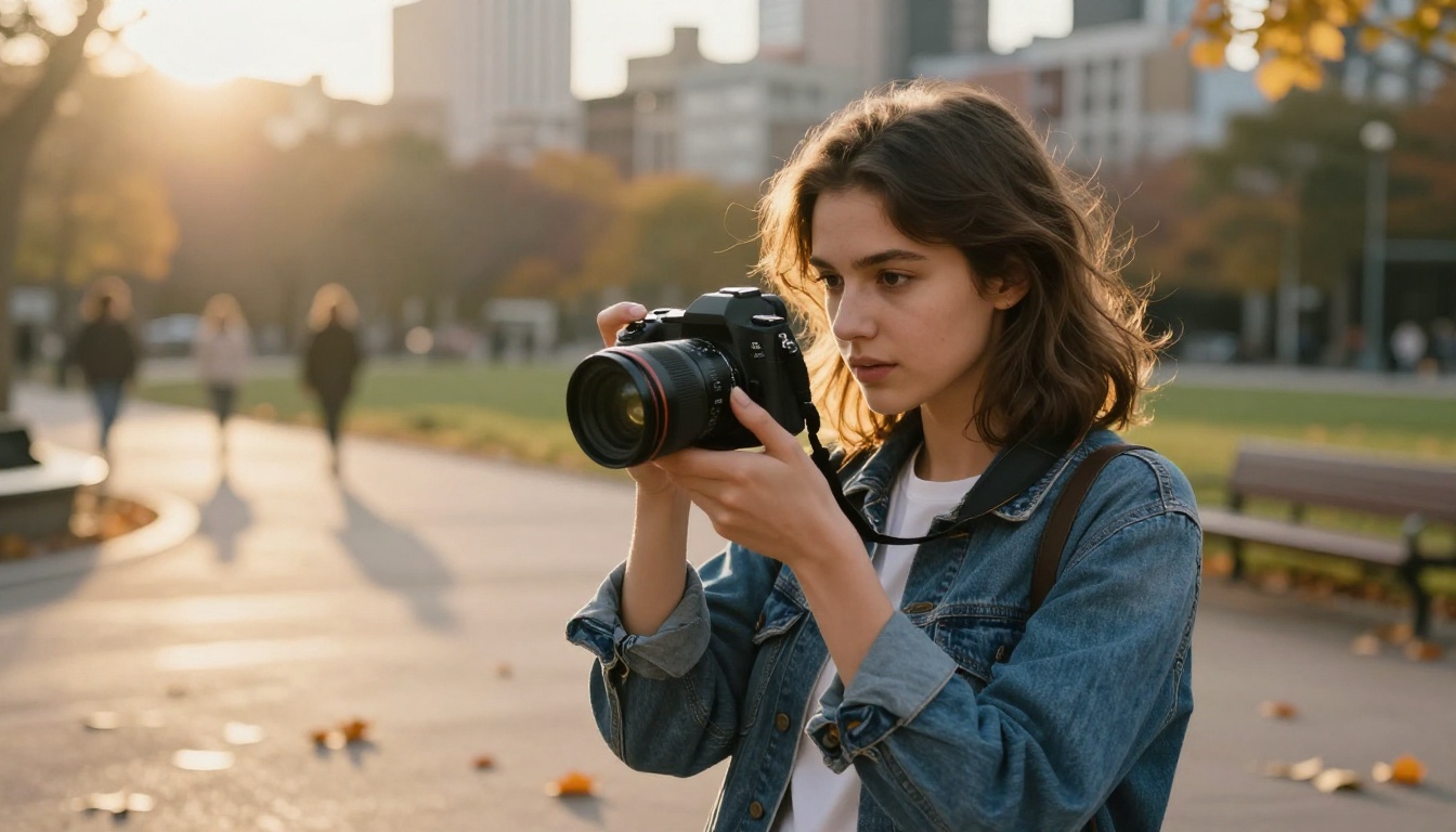 Woman filmmaker reviewing footage outdoors in golden light