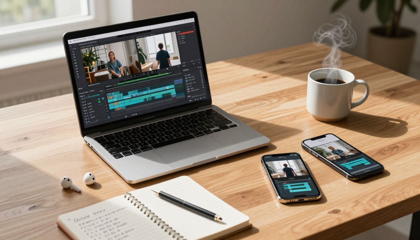 Overhead creative workspace with video editing setup
