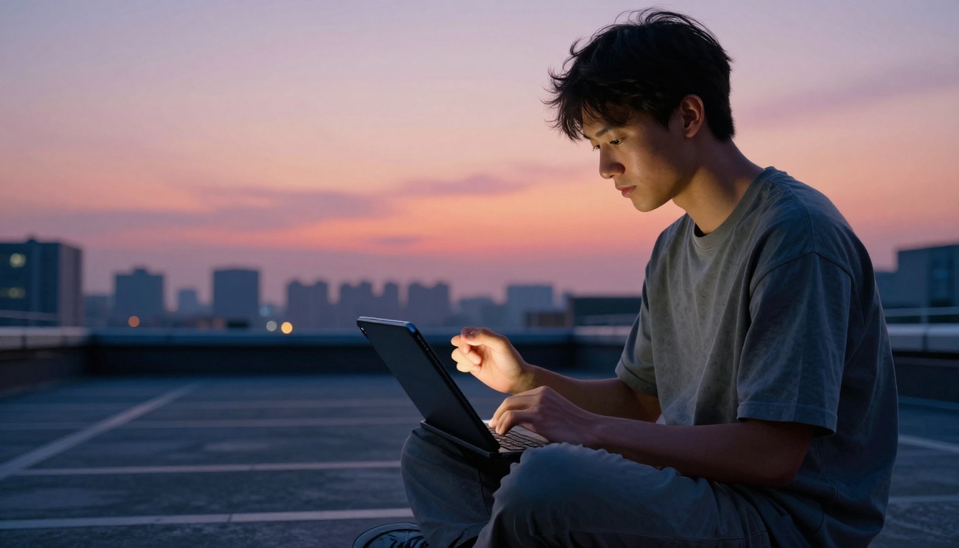 Content creator on rooftop editing reel at dusk