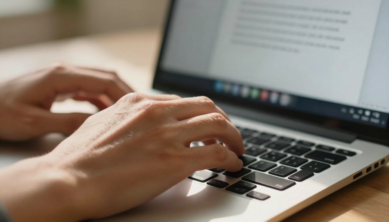 Hands typing a video prompt on a laptop keyboard in natural window light