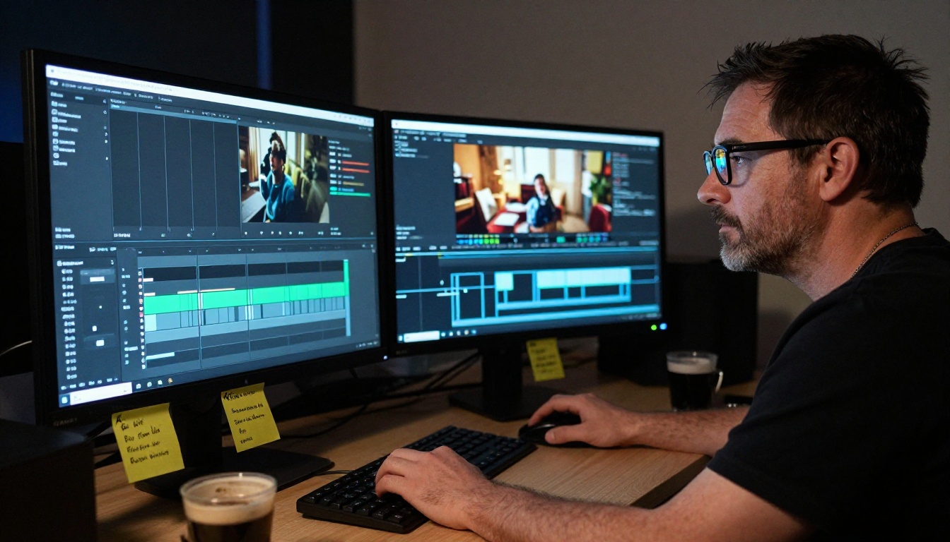 Professional video editor at dual monitors in editing suite