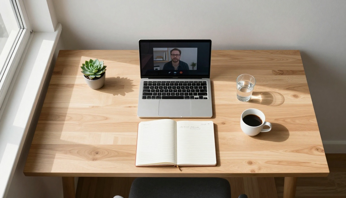 Minimal home office setup with laptop and notebook shot from directly above